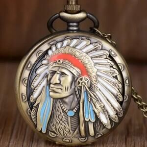 Native American Pocket Watch Gold Indian Chief Turquoise Christmas Birthday Gift